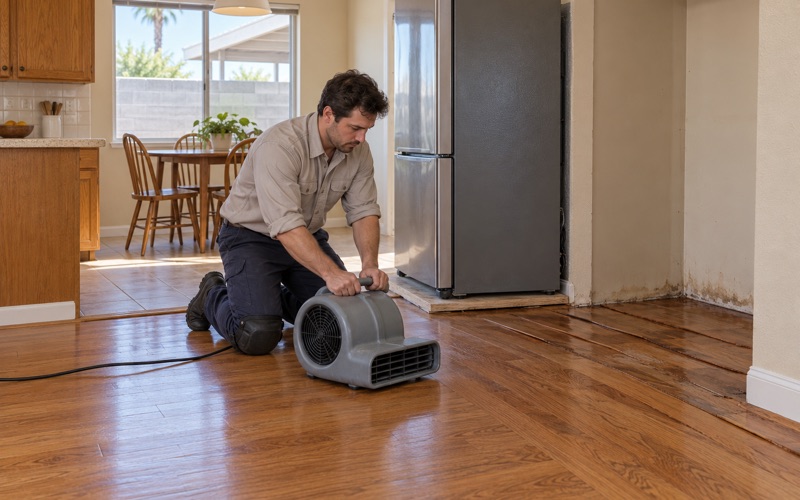 Worker setting down an air mover to dry cupped oak boards after a refrigerator line leak in a Cypress kitchen.