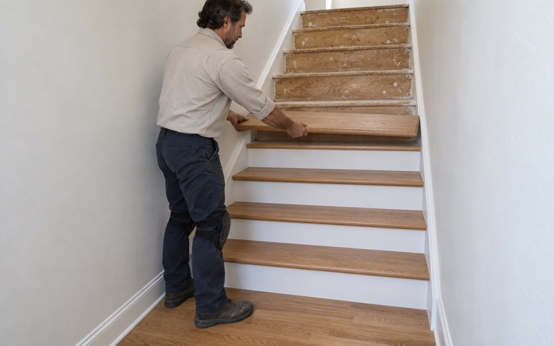 Worker setting a new oak retro tread with a bullnose edge onto a formerly carpeted stair in a Cypress townhouse.