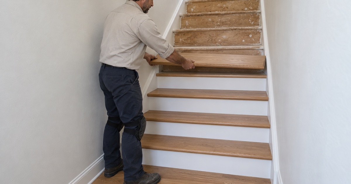 Worker setting a new oak retro tread with a bullnose edge onto a formerly carpeted stair in a Cypress townhouse.