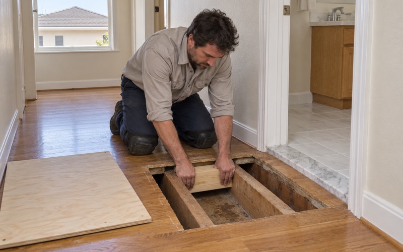 Worker fitting new wood blocking between floor joists under an opened upstairs floor in a two-story Cypress house.