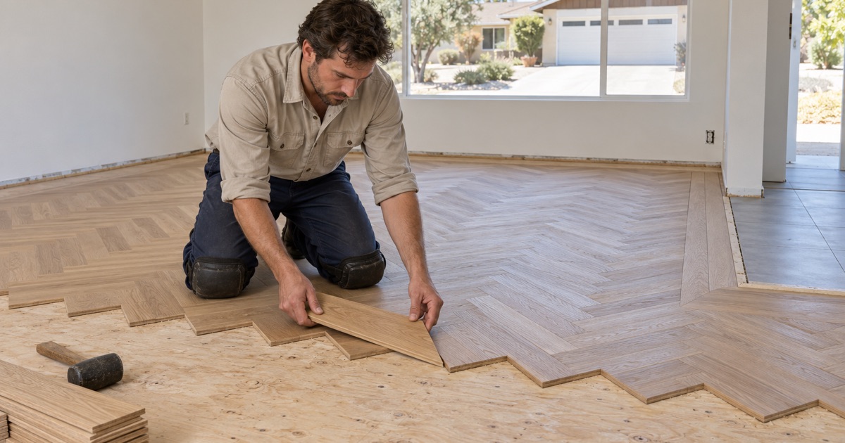 Worker setting white oak herringbone boards into their pattern at a centerline in a Cypress living room.