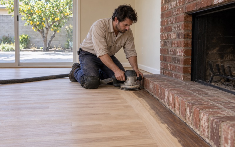 Worker running a disc edger along the used-brick fireplace hearth of a sanded oak floor in a Cypress family room.
