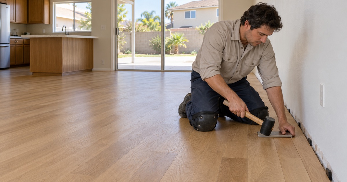 Worker drawing the last white oak board tight with a pull bar in the long family room of a Cerritos house.