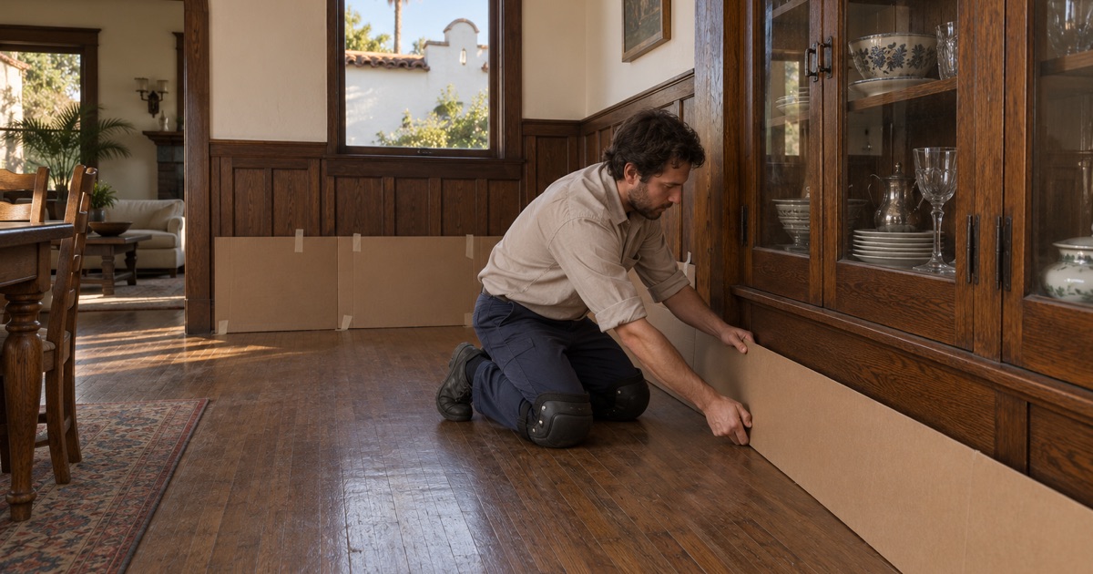 Worker laying protective cardboard at the base of an original oak built-in before floor sanding in an early 1900s Fullerton house.