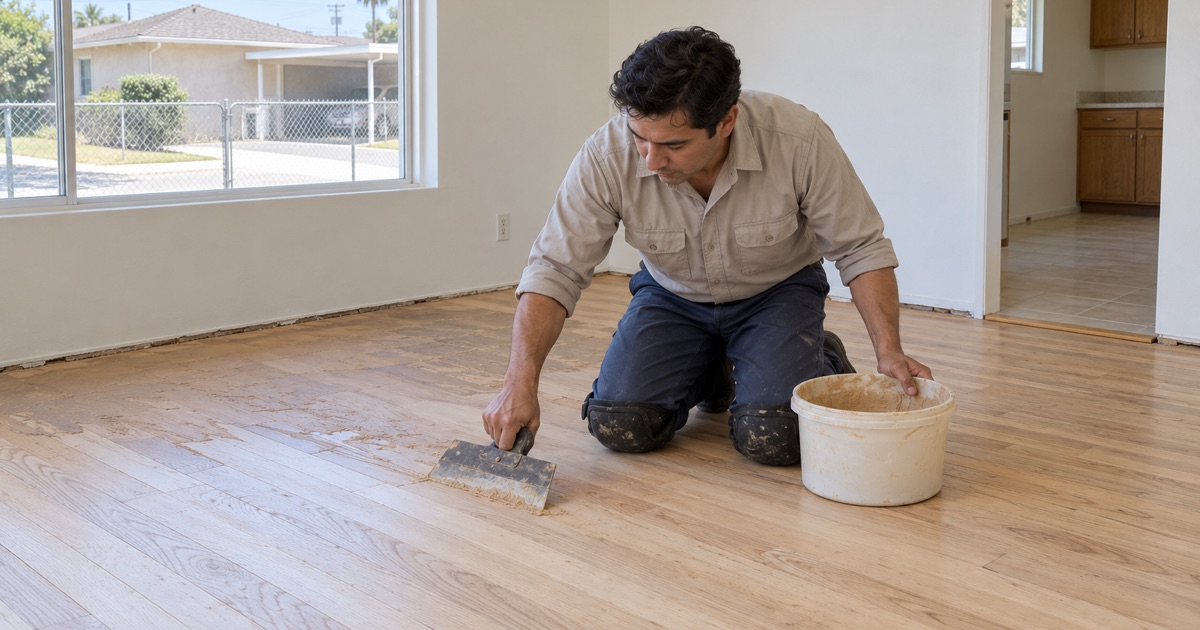 Worker troweling wood filler across a sanded red oak floor during a cosmetic update in a Garden Grove house.