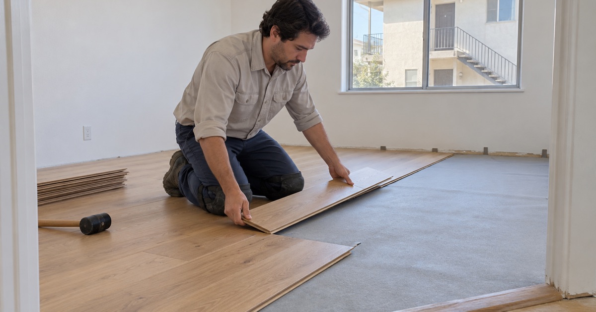 Worker laying new oak planks in the bedroom of a La Palma apartment unit.