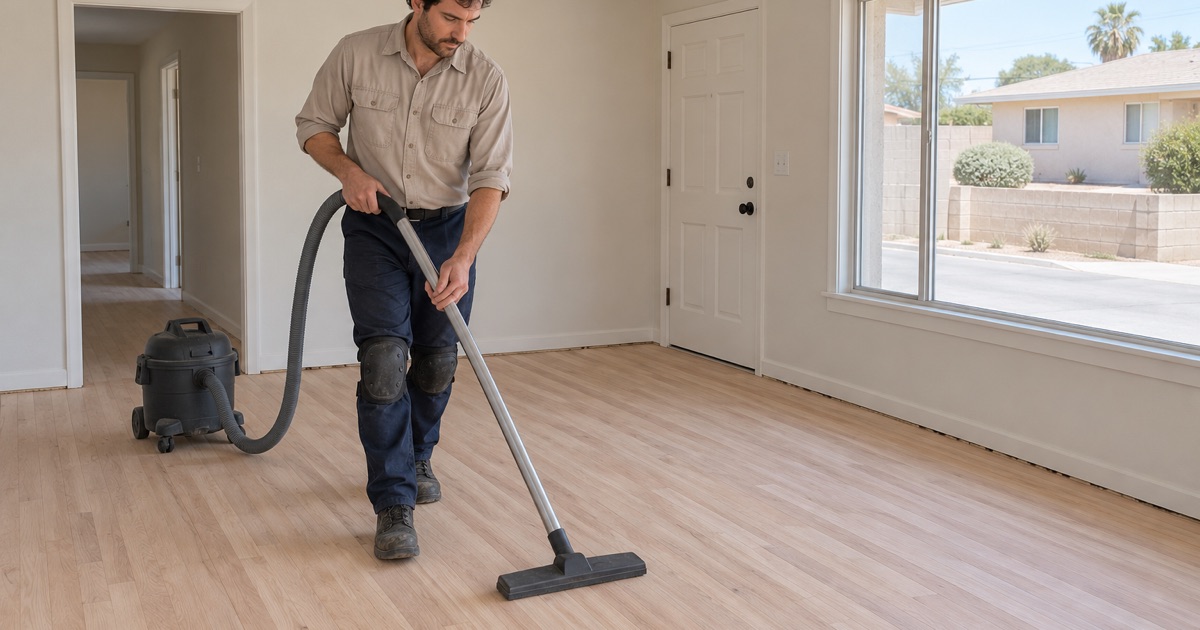 Sanding dust vacuumed up indoors from a bare oak floor in a Lomita house.