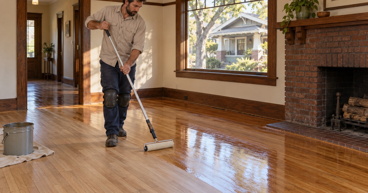 Worker rolling a coat of finish onto a restored oak floor in a Craftsman bungalow in a Long Beach historic district.
