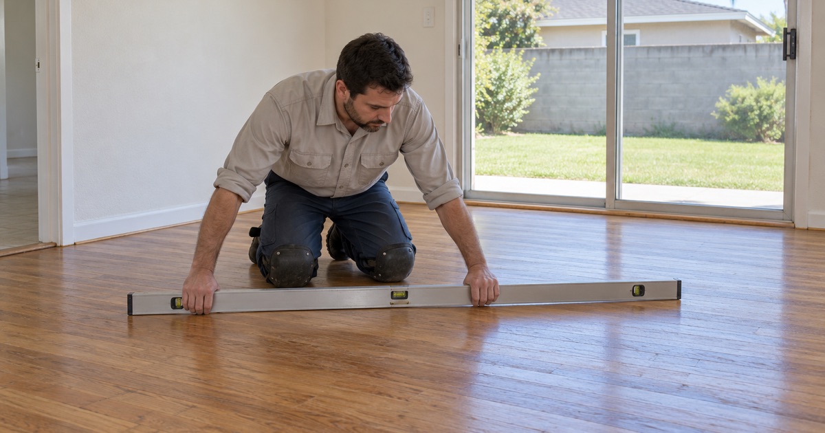 Worker laying a long level across an older oak floor to check it before new wood goes down in Los Alamitos.