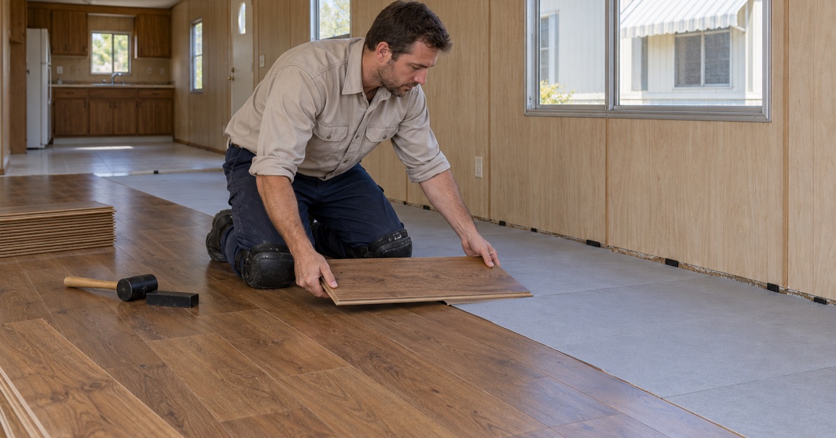 Worker lowering an engineered oak plank onto sound decking inside a manufactured home in Midway City.