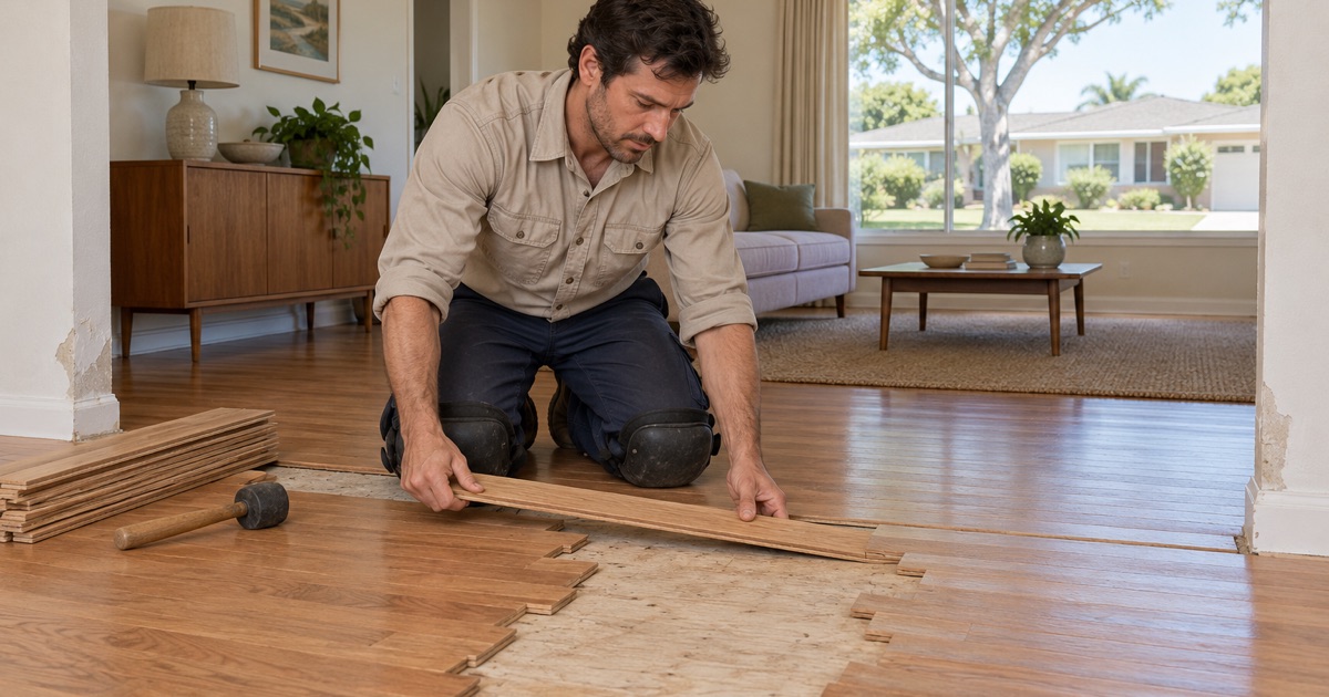 Worker filling the gap where a removed wall once stood with new oak strips in a 1960s College Park East ranch in Seal Beach.
