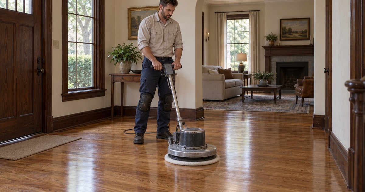 Old oak floor being hand-waxed and buffed in a Sierra Madre house.
