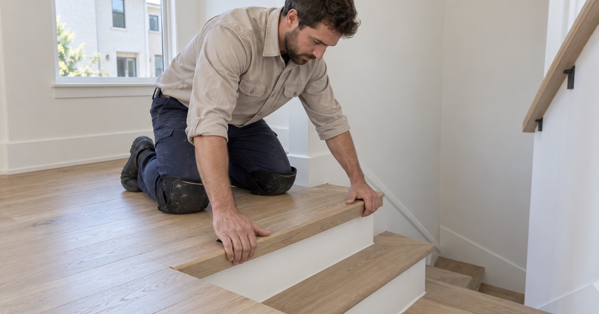 New oak stair nosing set where the upper floor meets the stair in a South El Monte home.