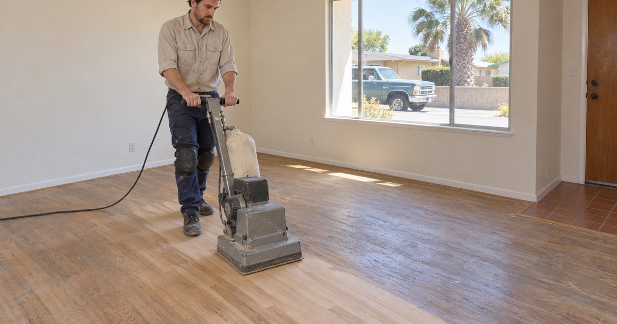 Worker running a square-pad floor sander over the oak floor of a vacant rented house in Westminster.
